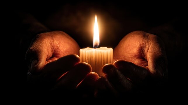 Two cupped hands hold a lit white candle casting a warm glow in darkness