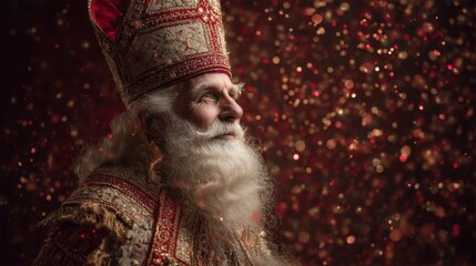 Elderly man with long white beard wearing ornate regal clothing and a jeweled crown