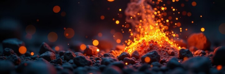 Gunpowder embers glowing, tiny sparks emanating , wisp, dark, experiment