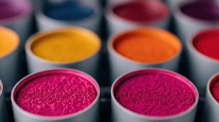 A vibrant display of paint pots in various colors, showcasing a rich palette perfect for artistic creations.