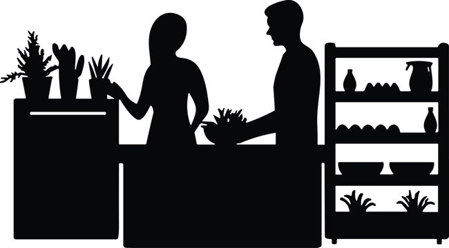 Florist, shop, silhouette, couple, choosing, plants, flowers, interior, counter, store, retail, gardening, service, black, shadow, vector, illustration, small, business, concept