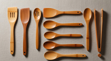 A clean flatlay of wooden kitchen utensils including spoons, spatulas, and ladles arranged neatly. Perfect for cooking blogs, culinary branding, kitchenware promotions, and lifestyle visuals.