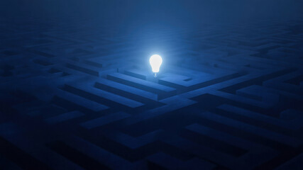 Glowing light bulb blue maze creativity innovation problem solving idea guidance inspiration strategy solution bathed moody fog calm minimal concept with depth and mystery for visionary goal focus