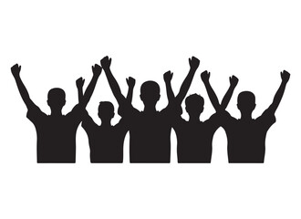 Obraz premium Group of diverse people cheering with raised hands in a silhouette