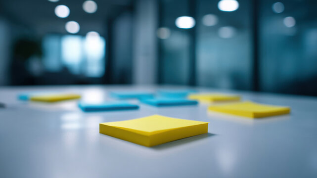 Sticky note yellow blue office desk planning teamwork brainstorming focus productivity solution for every problem modern workflow, sticky note yellow blue desk office bring calm focus for planning