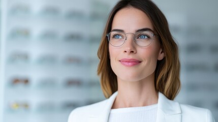 A confident woman in glasses smiles, standing against a blurred background of eyewear, embodying style and professionalism.