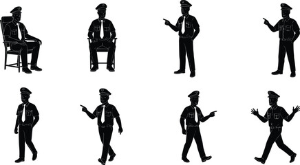 Cad drawing flat vector illustration of uniformed man silhouette standing, walking, sitting, and pointing in multiple professional poses