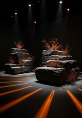 Sculpted stone platforms accented by delicate botanical arrangements softly lit