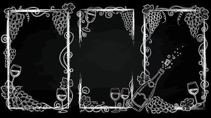 Chalkboard-style illustration featuring wine glasses, grapes, and a champagne bottle, perfect for a bar or restaurant. © Sultan Desain