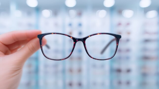 A close-up of stylish eyeglasses held by a hand, with a blurred background showcasing various eyewear options.