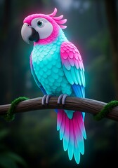 Vibrant parrot perched on branch, blending fantasy with tropical allure
