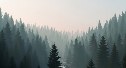 Ethereal coniferous forest with a soft, hazy atmosphere backdrop