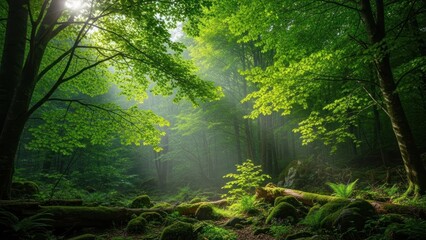 Obraz premium Enchanting Forest Landscape with Lush Green Foliage and Sunlit Mist creating a serene and