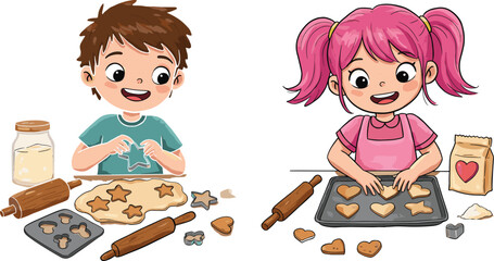 Cute children baking homemade cookies together, happy kids learning to cook, fun kitchen activity, creative family time, cartoon illustration, childhood joy