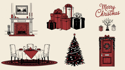Festive Christmas illustration featuring a fireplace, presents, a dining table, a tree, and a decorated door.