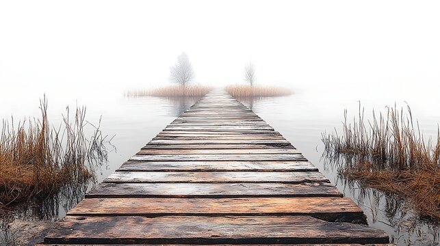 Misty Lake Path Wooden Boardwalk Leading to Small Island with Bare Trees on Cloudy Day