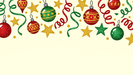 A festive border with red and green Christmas ornaments, gold stars, and curling ribbons on a light background, perfect for holiday designs.