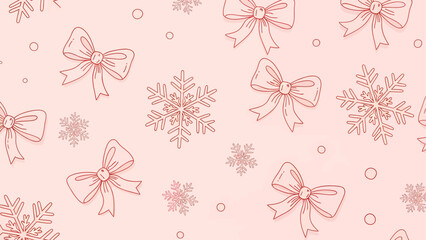 A festive seamless pattern of hand-drawn red bows and snowflakes on a light pink background.