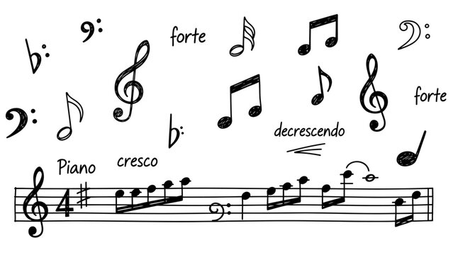 A collection of hand-drawn musical notes, symbols, and terms including clefs, sharps, flats, and dynamic markings on a staff.