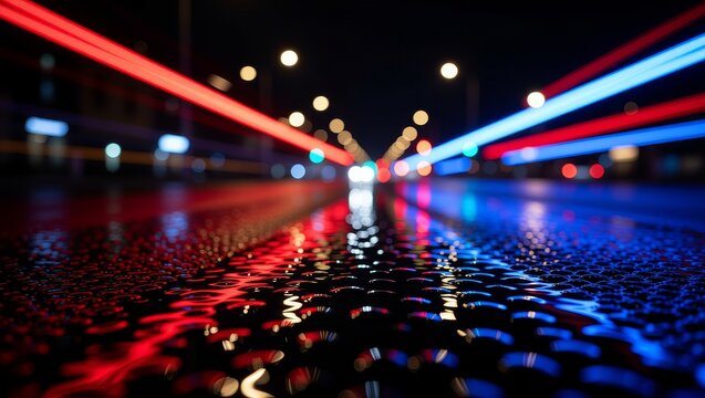 Night city street wet road colorful light trails reflections - Powered by Adobe