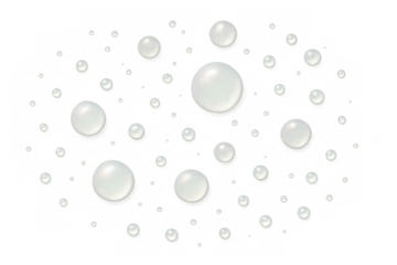 Transparent water drops and moisture spheres isolated on a clear background, creating a hydrating abstract design