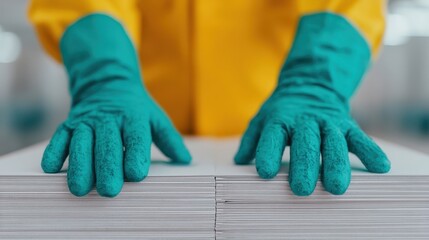 A person in protective gloves is positioned over stacks of white material, emphasizing safety and cleanliness in a work environment.