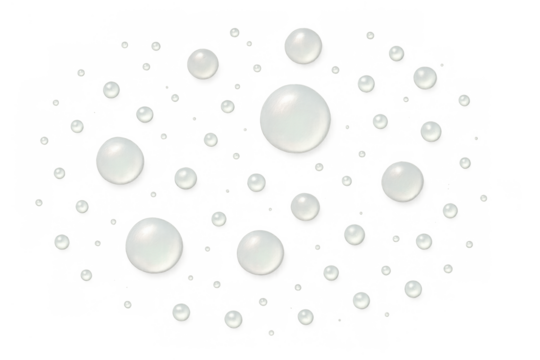 Transparent water drops and moisture spheres isolated on a clear background, creating a hydrating abstract design