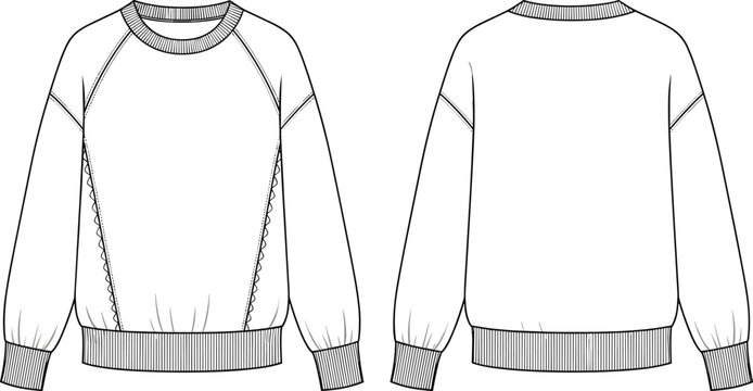 Here is a title and a comprehensive list of keywords for the provided technical fashion illustration (CAD drawing) of a basic raglan sleeve sweatshirt, optimized for Adobe Stock SEO.