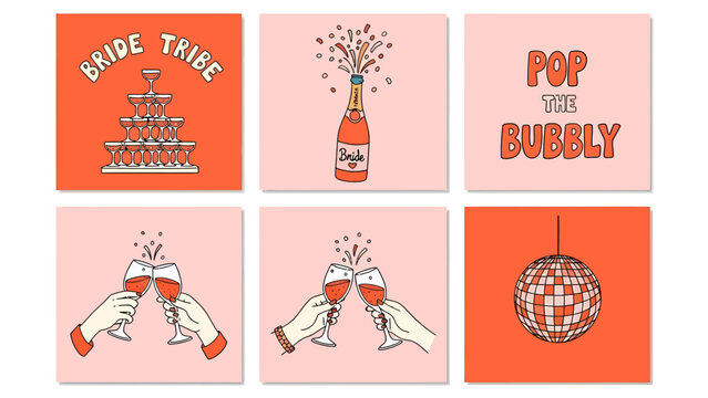 Set of six retro-style bachelorette party illustrations featuring champagne, toasts, and a disco ball on orange and pink backgrounds.