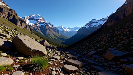 Snowcapped mountains and rocky valley landscape