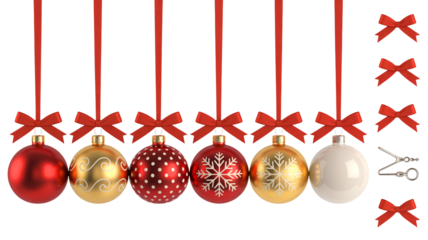 Festive Christmas ornaments hanging with red ribbons for holiday cheer
