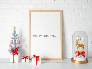 Festive christmas decorations with blank frame and gifts