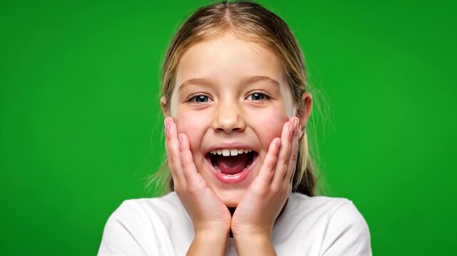 A young girl's excited expression, hands on cheeks, against a vibrant green backdrop