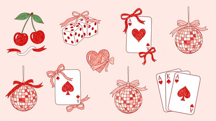 A collection of hand-drawn red and pink themed items including cherries, dice, playing cards, disco balls, and a heart.
