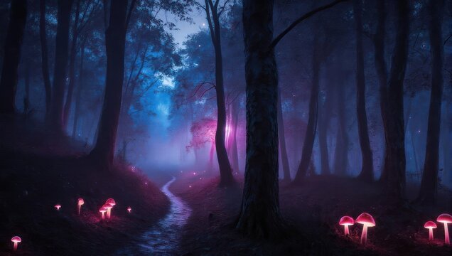 Enchanted Forest Path Illuminated by Bioluminescent Mushrooms and Ethereal Light.