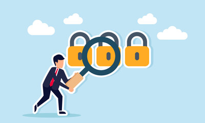 Businessman examining several padlocks with a magnifying glass illustration of monitoring and analyzing business insurance to secure business assets
