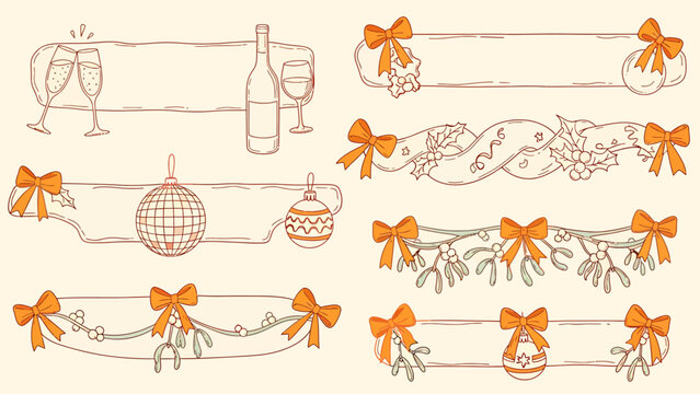 Collection of hand-drawn festive banners and borders with bows, champagne, and holiday ornaments for celebration designs.