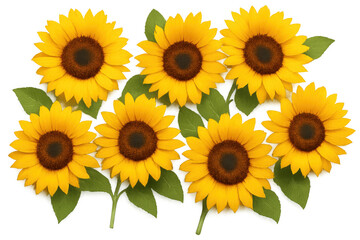 Fototapeta premium Group of bright yellow sunflowers with green leaves creating a vibrant floral display, transparent background composition