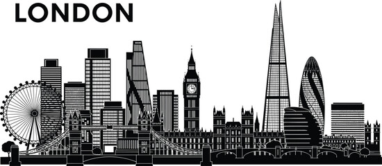 Black and white London skyline silhouette vector, featuring famous landmarks like Big Ben, The Shard, and Tower Bridge, illustrating UK travel, city tourism, and capital architecture. © MstBeauti