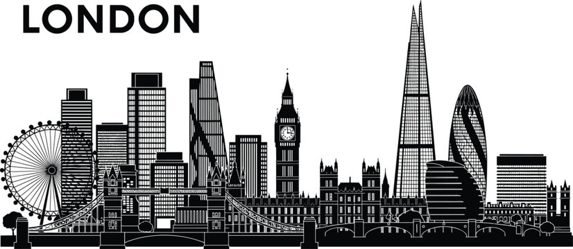 Black and white London skyline silhouette vector, featuring famous landmarks like Big Ben, The Shard, and Tower Bridge, illustrating UK travel, city tourism, and capital architecture.