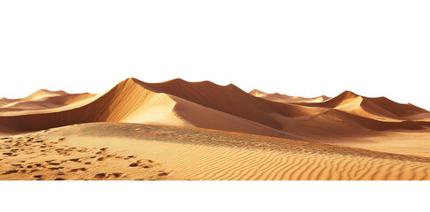 Golden sand dunes with rippling textures and footprints under warm sunlight