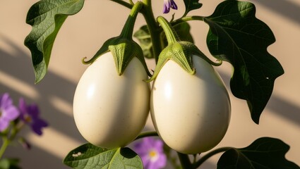 White eggplants on plant with purple flowers