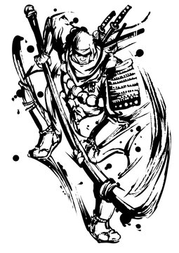 Musashibō Benkei &ndash; Warrior Monk Ink Illustration