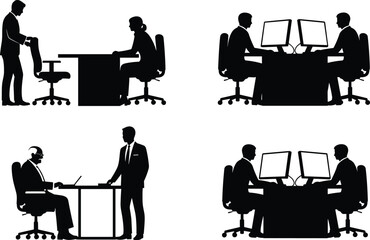 Set of business people silhouettes in office, man and woman interview, employees working at computers, boss and worker meeting, corporate vector illustration concept