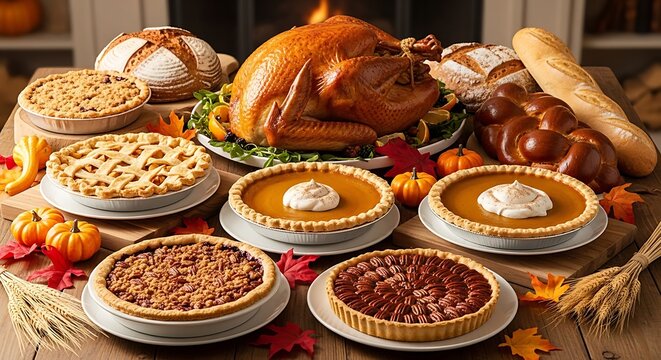 Thanksgiving feast roasted turkey with pies and bread on a wooden table