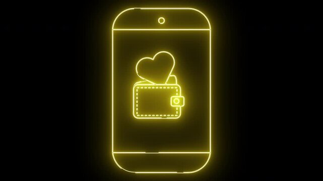 A neon yellow smartphone outline shows a heart atop a wallet against a black background