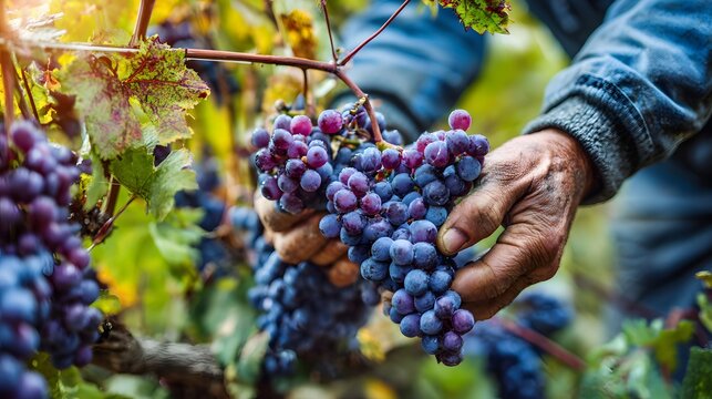 Close up of hands harvesting ripe red grapes in a vineyard during autumn. - Powered by Adobe