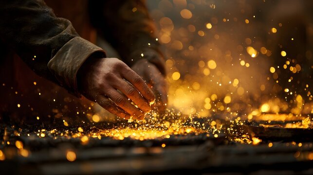 Close up of hands working with sparks flying in a dark industrial setting.