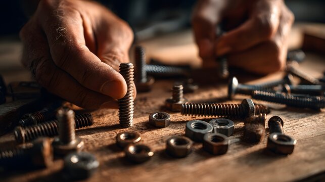 Close up of hands working with various nuts and bolts on a wooden surface.