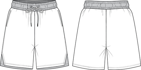 Athletic shorts technical sketch, front and back view, vector illustration, fashion design, sportswear template, CAD drawing, garment construction